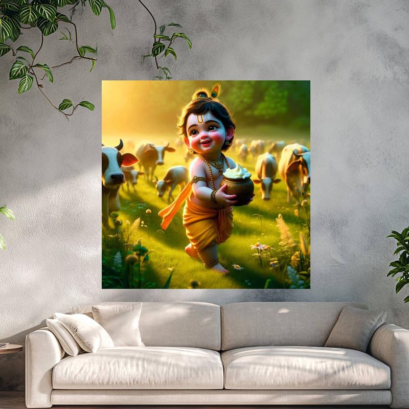 Image of British Terminal Cute little Bal Gopal Baby God Krishna| Kanha Ji | Laddu Lord Makhan Chor Painting Religious Poster for Pregnant Women for wall (matt thin vinyl,sticker,multicolor,unframed)| bj64
