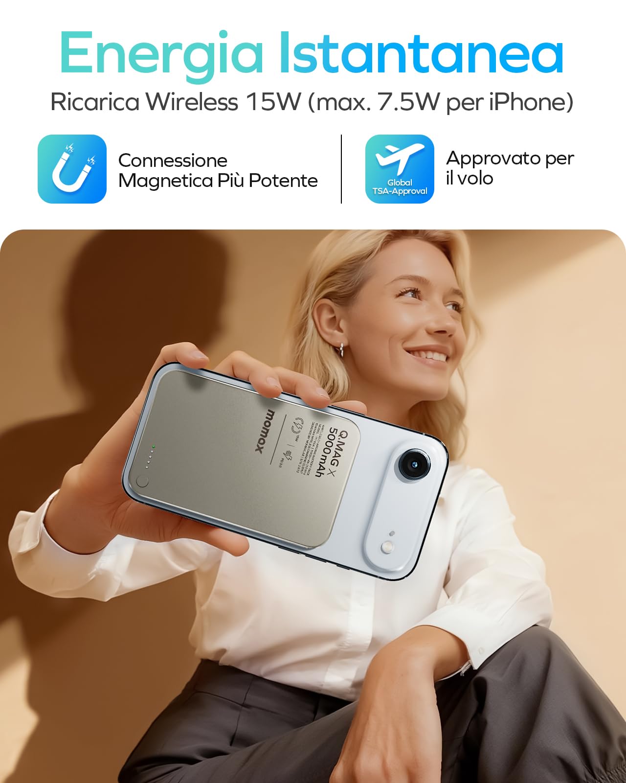 MOMAX MagSafe Powerbank 5000 mAh, 0,83 cm Ultra Sottile Wireless Caricatore 15W Ricarica Rapida Powerbank, Ricarica Rapida PD da 20 W Tramite USB-C, per iPhone serie 17/16/15/14/13/12, Titanio