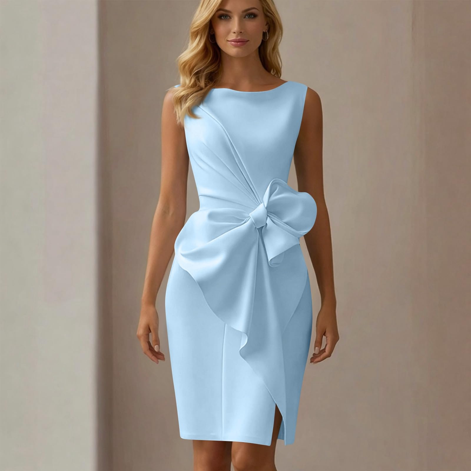 FUPODD Kleid Hochzeitsgast Damen Cocktail Etuikleid Damen Elegant Sommerkleid Knielang Leicht Abendkleider Elegant Für Hochzeit Partykleid Festliche Kleider Mit Schleife Abschlusskleid Ärmelloses