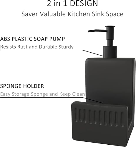 Miniatura 5 de Dispensador de jabón con soporte para esponja, dispensador de jabón de cerámica para fregadero de cocina, dispensador de jabón líquido 2 en 1 con