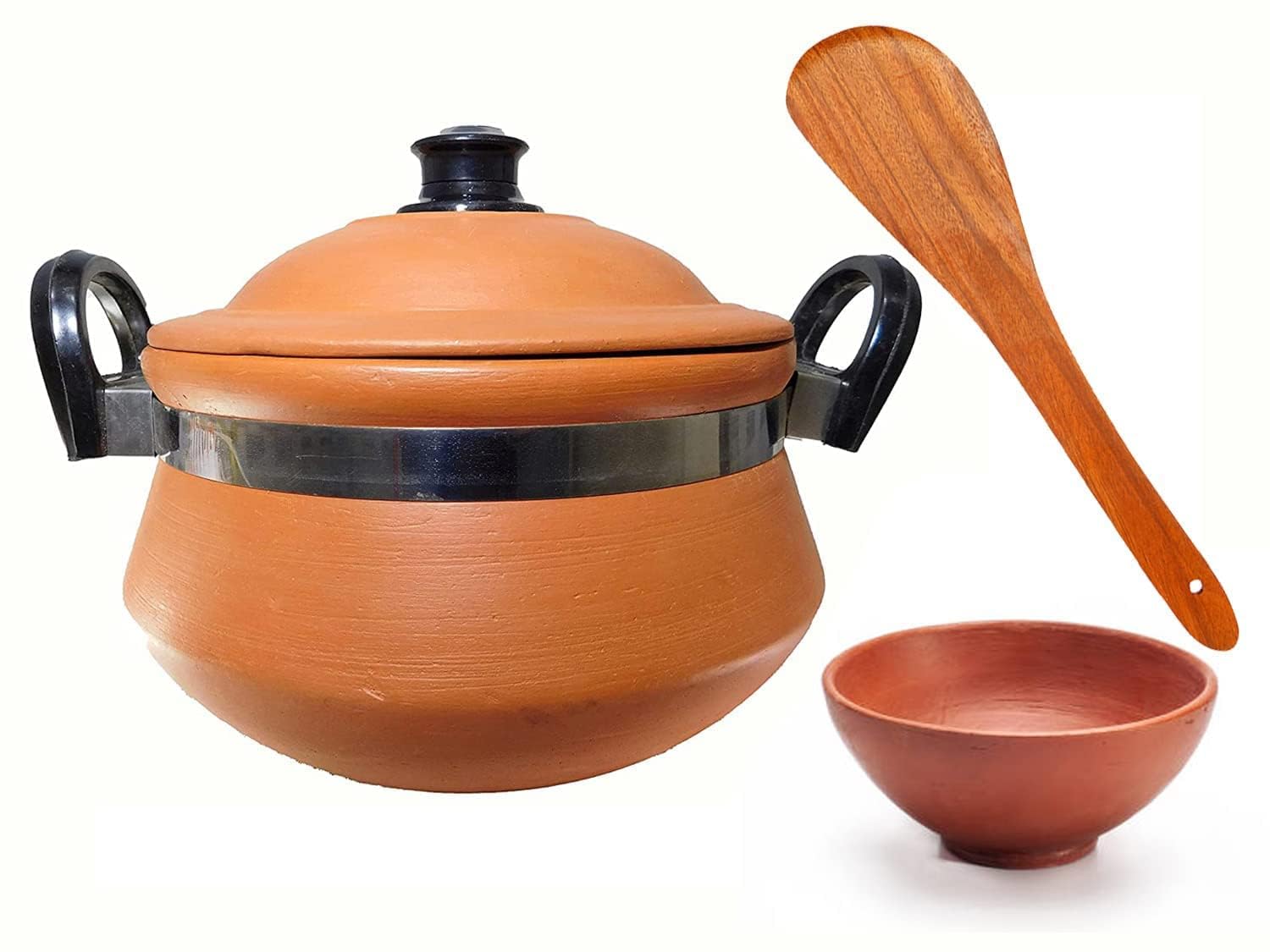 HIMANSH STORE Handi for Cooking and Serving with Lid Bowl Wooden Spatula Combo Clay Pot Terracotta Handmade Mud Mitti Ke Bartan Uncoated Pottery Storage Earthen India 3.5 Litre Lightweight & Durable