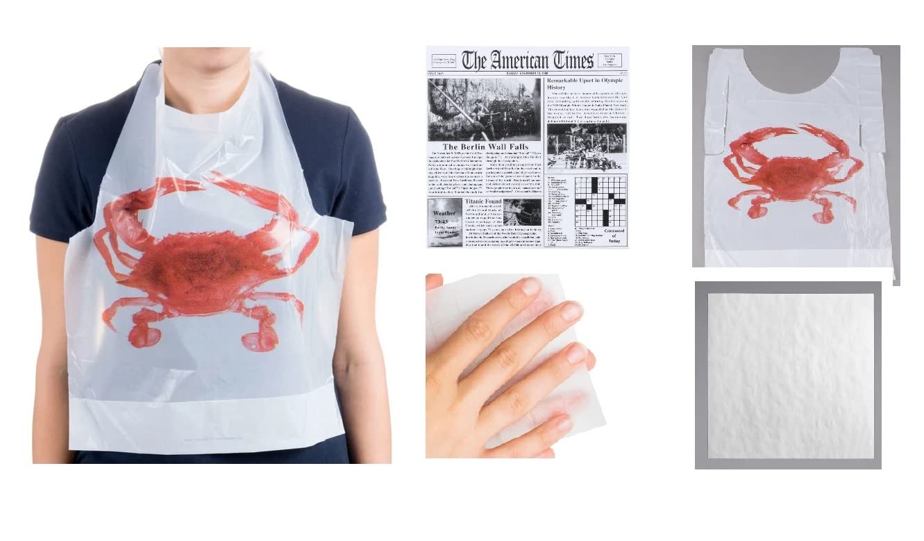 Oasis Supply, Crab Bib, Newspaper Placemats, Butcher Paper Table Cover & Wet Wipe Bundle - 25 Disposable Bibs, Placemats, & Moist Towelettes for Crawfish Boil, Seafood Fest, or Crab Bakes