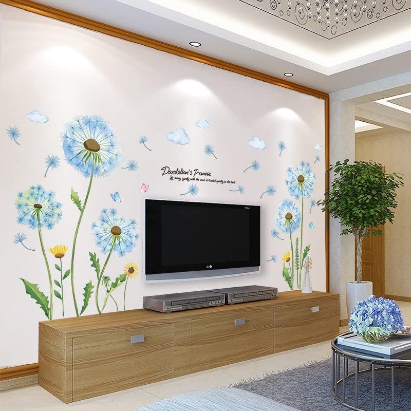 Miniatura 2 de Adhesivo de pared tridimensional 3D de diente de león azul, decoración de pared de mariposa, papel tapiz autoadhesivo floral, calcomanías