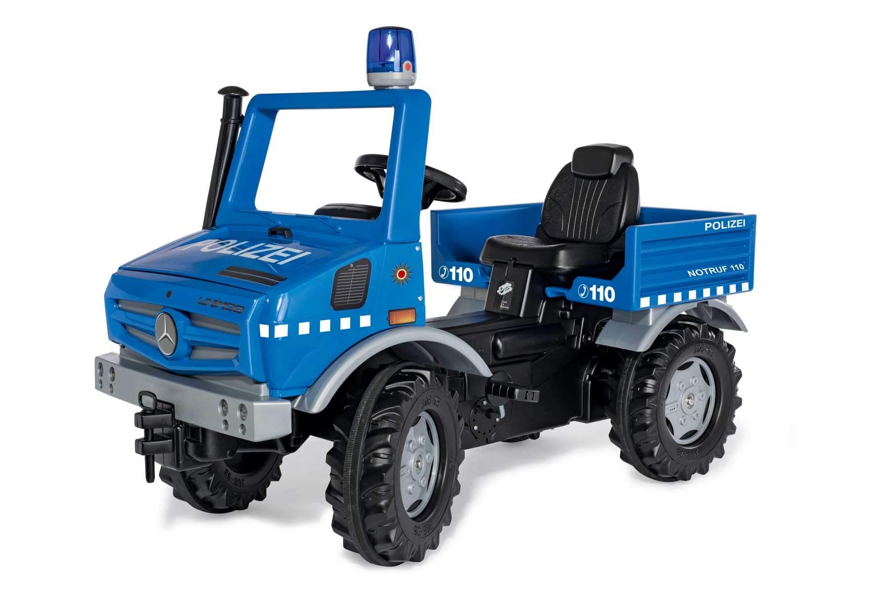 Rolly Toys Unimog 038251 Voiture de Police à Conduire soi-même avec pneus Silencieux et feu Clignotant - Voiture à pédale à partir de 3 Ans - Grande Taille - Bleu