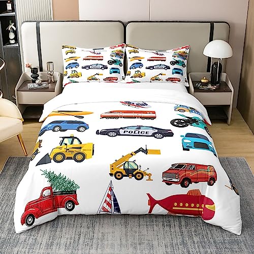 100% Nature Cotton Boys Cars Duvet Cover Twin Size,Kids Cartoon Police Car Fire Truck Excavator Comforter Cover (Not Comforter),Cute Cars Lover Room Decorative Super Soft Bedding Bedroom Decor