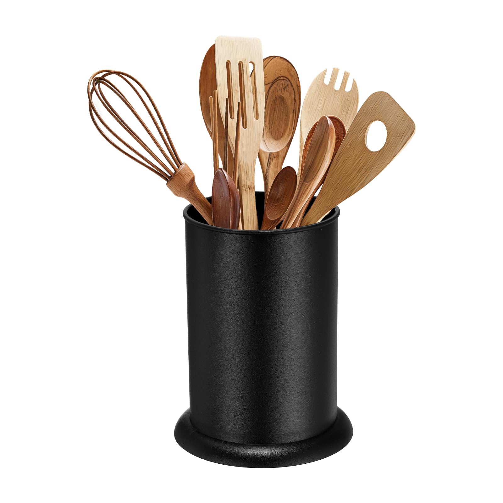 sourcing map Kitchen Utensil Holder, 5x6.5 Plastic Utensil Cutlery Holder Round Flatware Organizer with Drain Hole for Kitchen Restaurant Countertop Straw, Spoon, Chopstick, Black