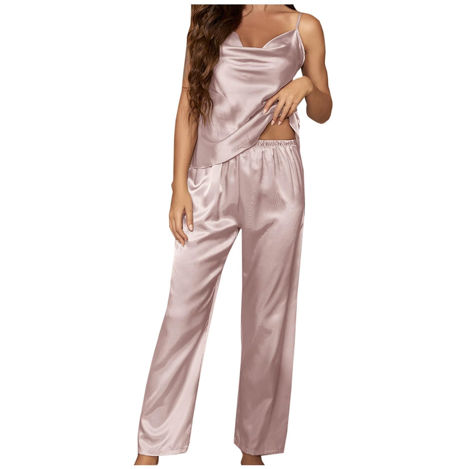 Uillui Womens Silk Satin Pajamas Set Sexy Lingerie Set Cami 2 PCS Pj Sets Summer Lounge Set Pjs
