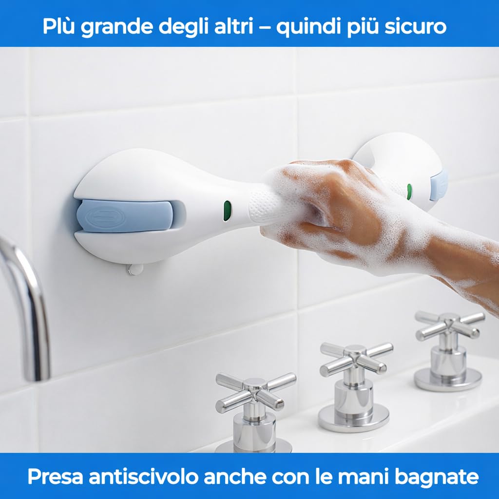 Maniglione Doccia a Ventosa Senza Fori – Maniglia Doccia Antiscivolo fino a 120 kg – Maniglione Bagno 44 cm per Doccia e Vasca – Ausilio Sicurezza per Anziani, Bambini e Persone con Mobilità Ridotta