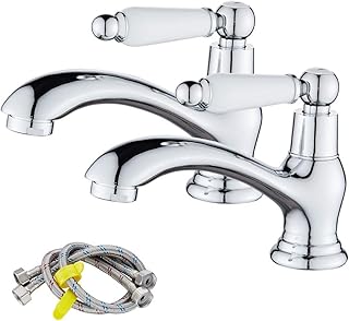 Maynosi Bathroom Basin Pillar Taps, Pair Basin Sink Taps with Dual Ceramic Levers, Traditional Faucet for Washroom, 1/4 Turn, Include Flexible Hoses, Solid Brass, Chrome Finished