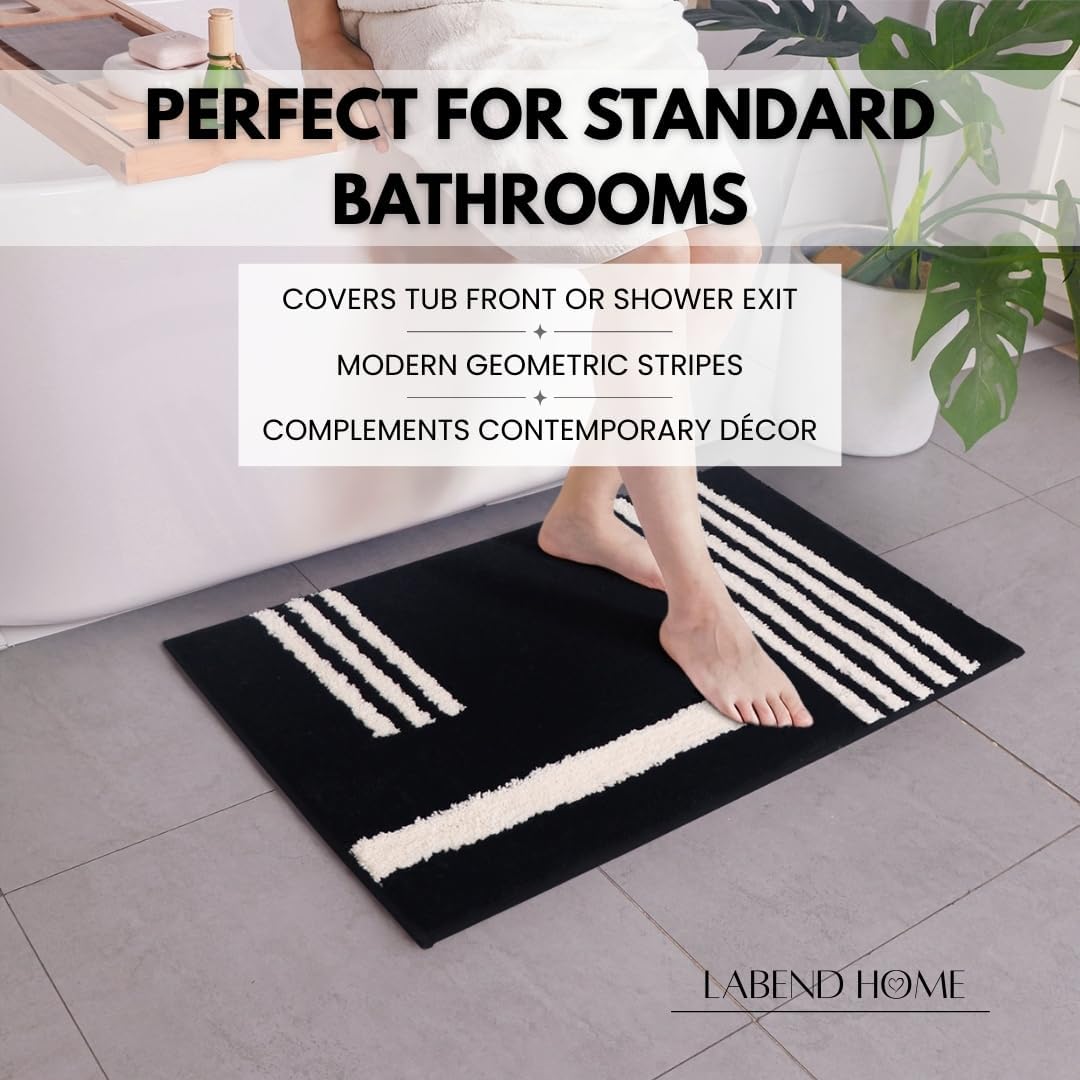 LABEND HOME Bath Mat 50x80cm (20"x31.5") - Plush Microfiber Non-Slip Bathroom Mat, Highly Absorbent & Machine Washable - Black Cream Stripe