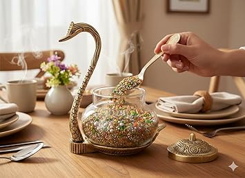 KridayKraft Aluminium swan Duck with Transparent Glass Bowl Set with Spoon and lid (11 x 15 x 11 cm, Gold)