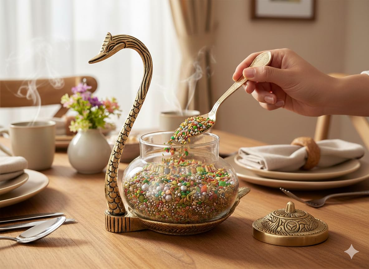KridayKraft Aluminium swan Duck with Transparent Glass Bowl Set with Spoon and lid (11 x 15 x 11 cm, Gold)-image-46