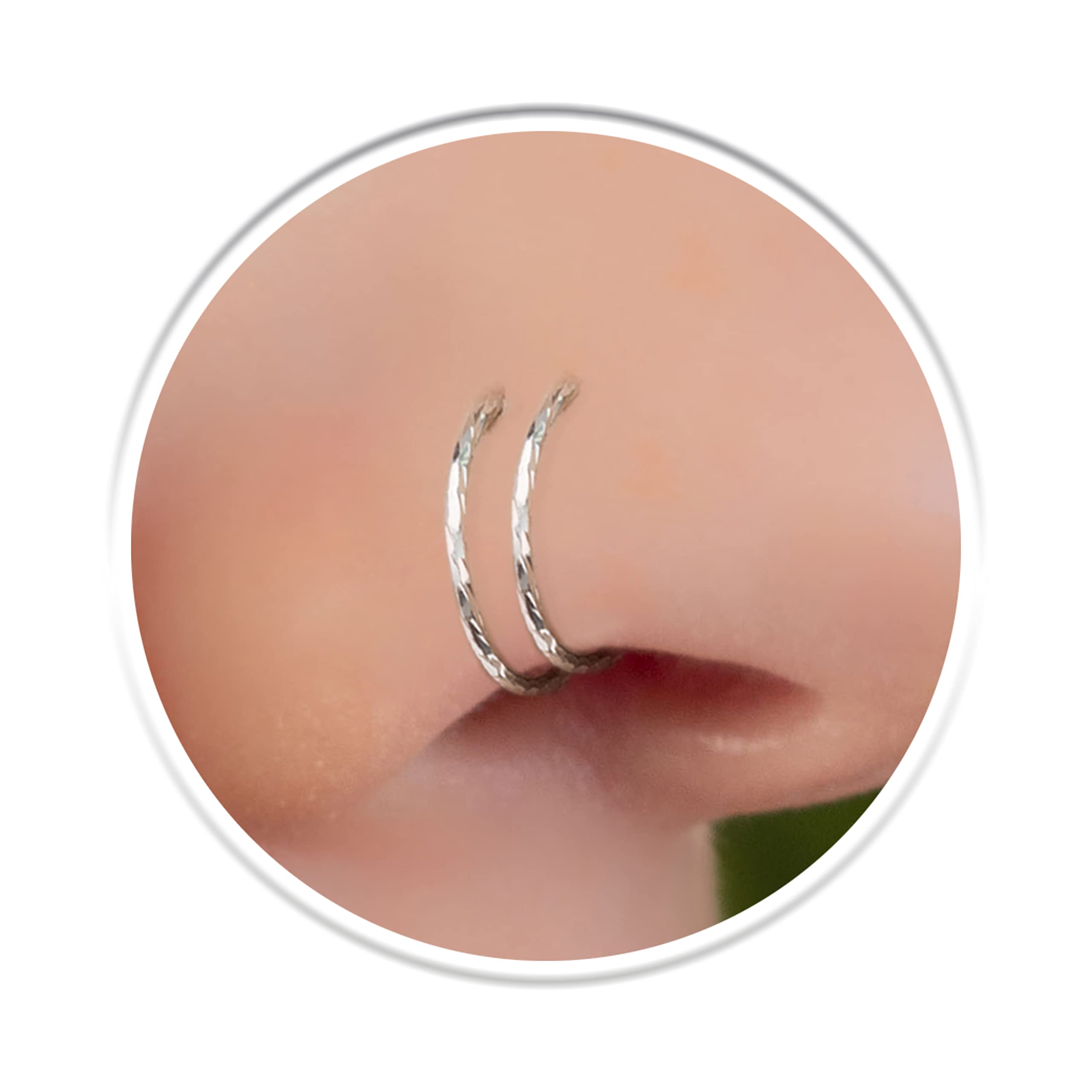 HandmadeSpiral Nose Ring 20 Gauge - Twisted Handmade Double Nose Hoop - 8mm Diameter 0.3 Inches Body Jewelr (Diamond Cut Wire Silver)