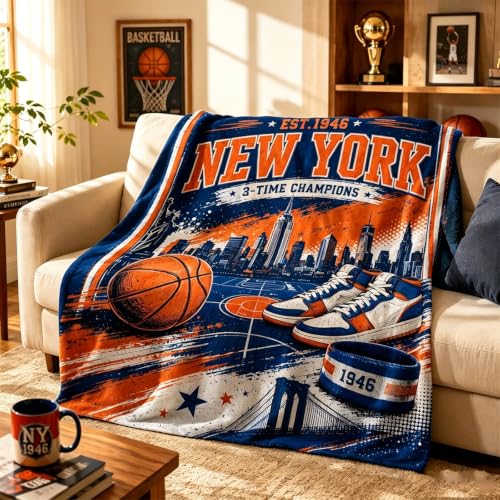 HTAPCHLY New York Basketball Throw Blanket City Skyline Sports Fleece Blanket Cozy Couch Bed Room Decor Gift for Fans