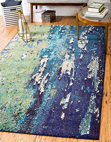 Image of Unique Loom Estrella Collection Distressed, Landscape, Abstract, Modern, Earth Tones Area Rug, 8' x 11' Rectangle, Navy Blue /Beige