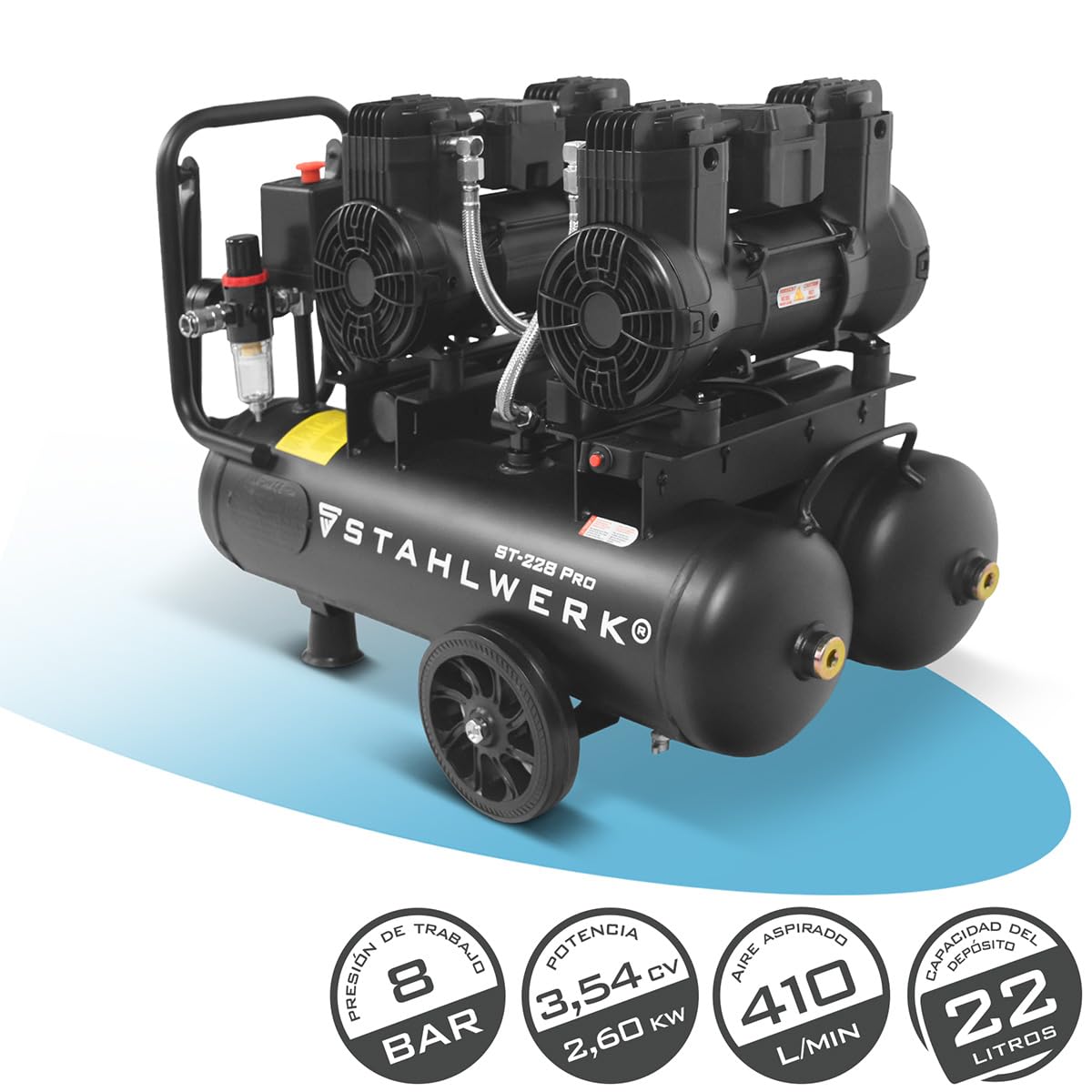 STAHLWERK Compresor con tanque de 22 L (ST-228 Pro) – sin aceite y silencioso, 8 bar, compresor de aire con motores sin escobillas, 3,54 CV, 2,6 kW, 410 l/min, compresor de pistón silencioso