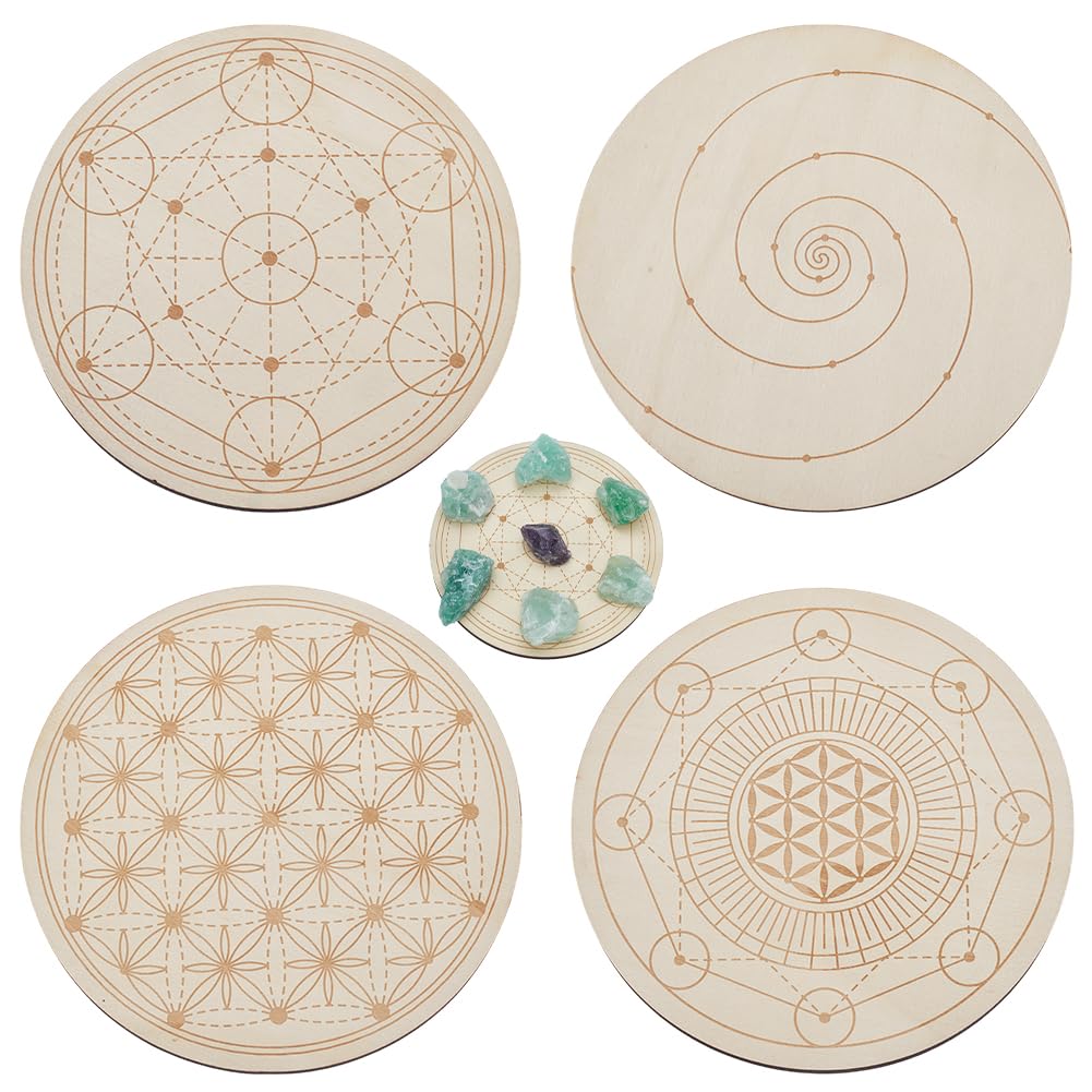 Photo 1 of ORIGACH 4 Patterns Wooden Crystal Grids 15x15 cm Round Sacred Geometric Arrangement Crystal Grid Board Metatron's Cube Plate for Wiccan Altar Ritual Sacred Space Decor