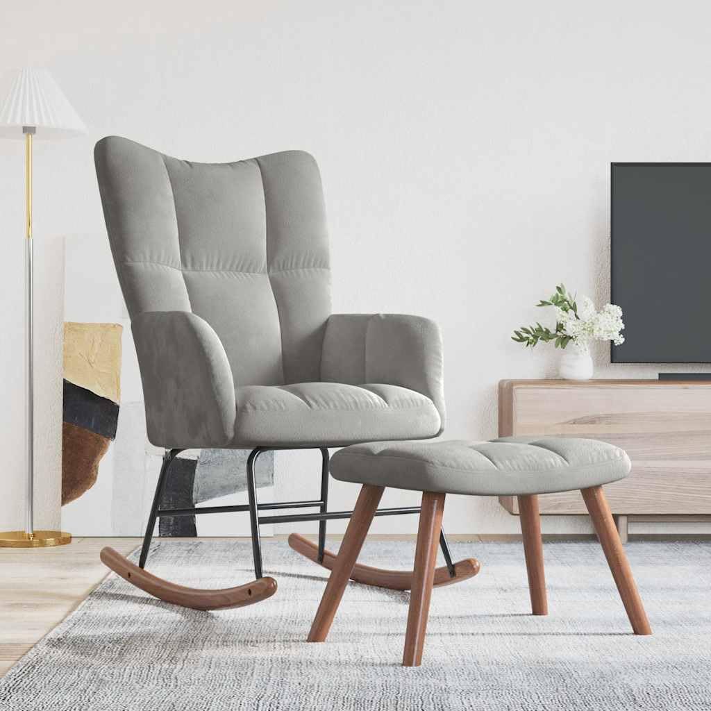 Mecedora moderna para interior con taburete, mecedora con estructura de acero y acolchado grueso, silla de relax con suave terciopelo gris claro