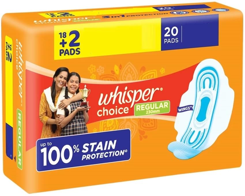 WHISPER CHOICE SANITARY PADS, 20 REGULAR PADS, UPTO 100% STAIN PROTECTION ALL DAY, WITH MAGIC ANTI LEAK AREAS, DRY TOP SHEET, WITH WINGS, DISPOSABLE PADS, For Women (B0D9WGTKVS) Amazon Price History, Amazon Price Tracker