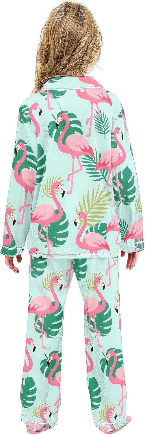 Kids Casual Satin Wear Set Flamingo Tropical Leaves Pattern Unisex Relaxed Fit Clothing