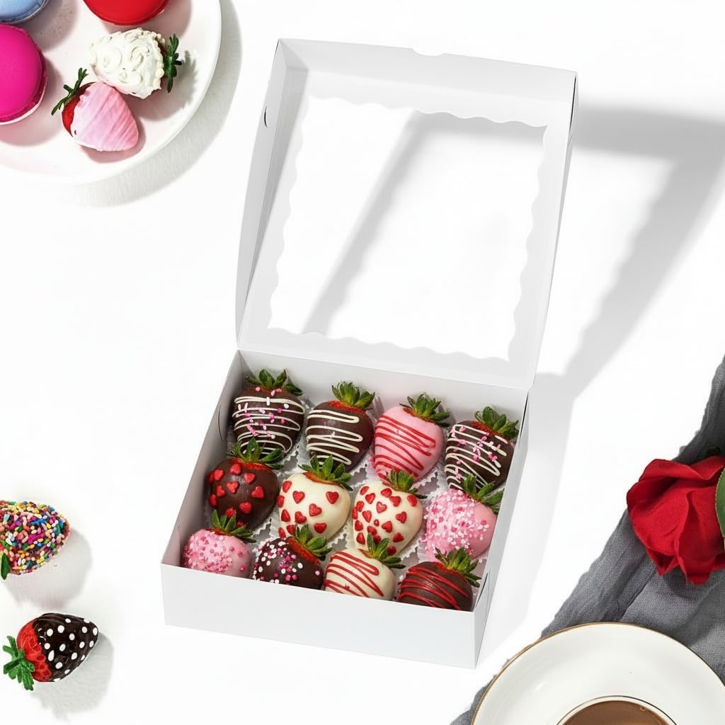 RomanticBaking 50 cajas para tartas de 9 x 9 x 2.5 pulgadas, cajas de fresas cubiertas de chocolate, cajas de galletas, cajas de embalaje rompibles, cajas de chocolate y trufas