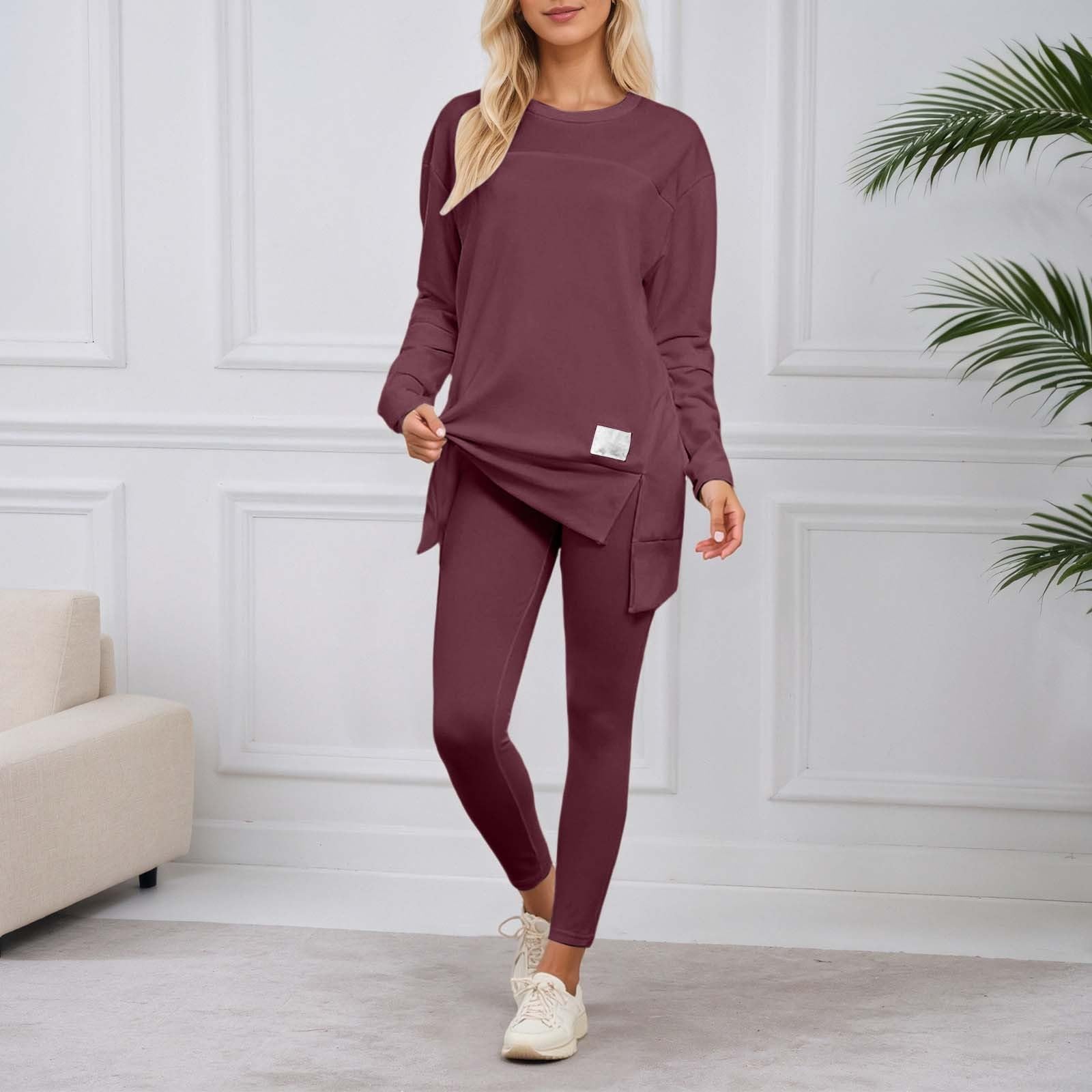 Top casual da donna con scollo rotondo e spacco, manica lunga, pantaloni lunghi, comodo due pezzi