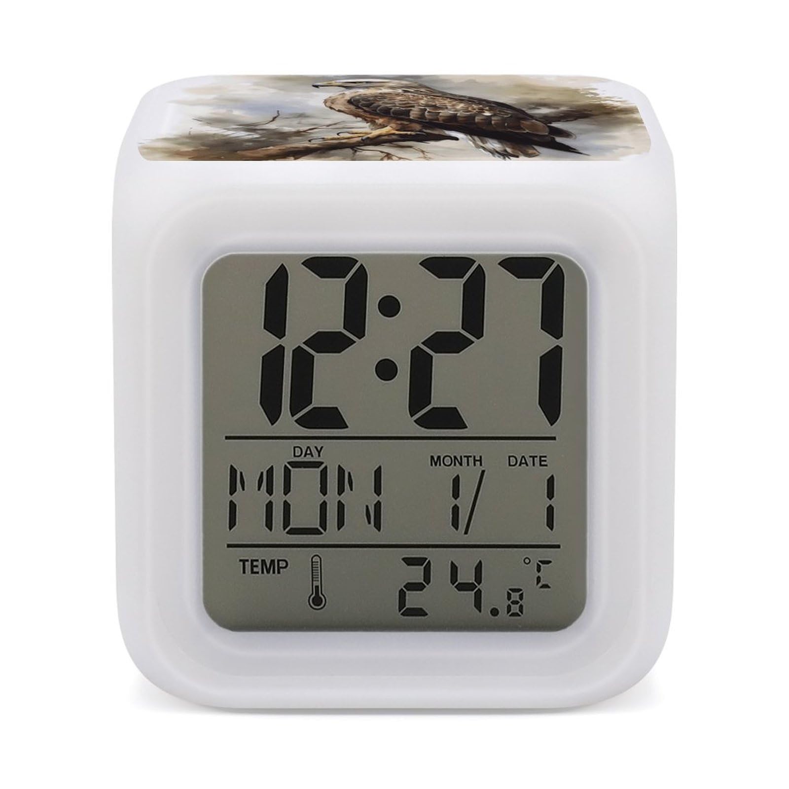 VstaDank Watercolor of Hawk Sitting in The Tree Digital Alarm Clock LED Display Screen Color Change Alarms Clock Smart Alarm Clock Wake Up Digital Clocks with 7 Color Nightlight for Bedroom