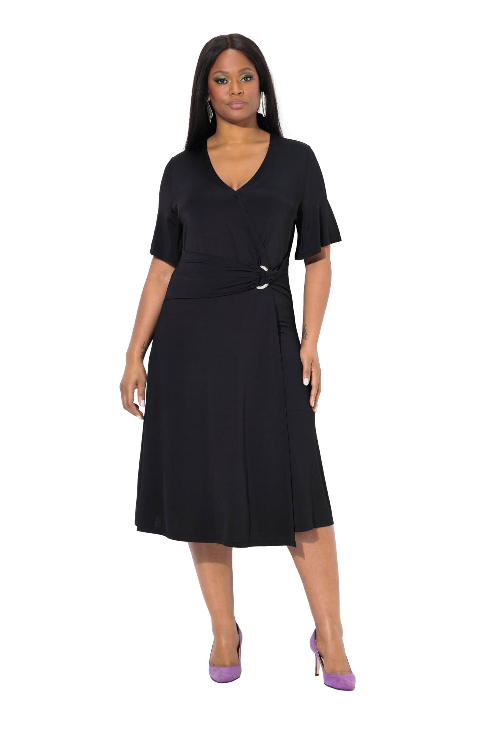 Ulla Popken Damen große Größen Übergrößen Plus Size Slinkykleid, Drapierung, V-Ausschnitt, Flügel-Halbarm 840125