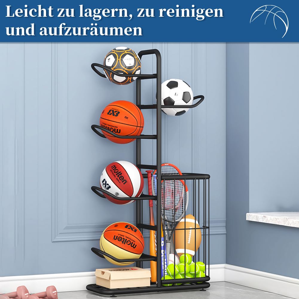 Ballständer Basketball Aufbewahrungsregal für Sportgeräte, abnehmbares Standing Rack mit 5 Bällen und Körben