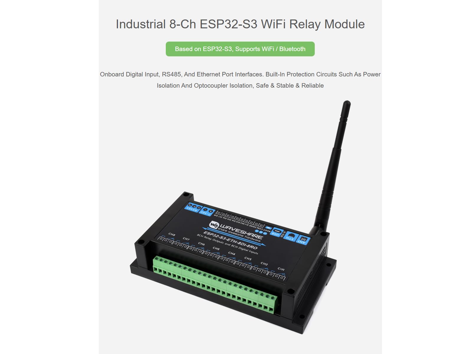 Waveshare Industrial 8-Channel ESP32-S3 WiFi Relay Module Based on ESP32-S3,with Poe Function,Supports RS485 And Bluetooth/WiFi Remote Control,with Multiple Isolation Protection Circuits