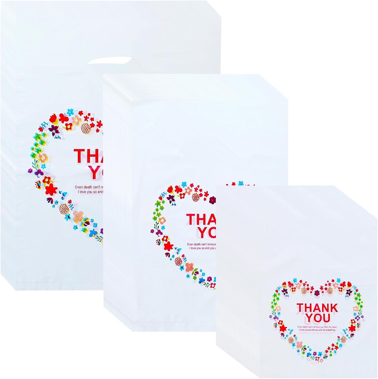 200 Pcs 3 Size Plastic Merchandise Bags Shopping Bags Thank You Bags Die Cut Bags for Small Business with Handle Retail Bags Gift Bags for Boutique, 5.9x7.9 Inch, 7.9x11.8 Inch, 9.8x13.8 Inch(Heart)