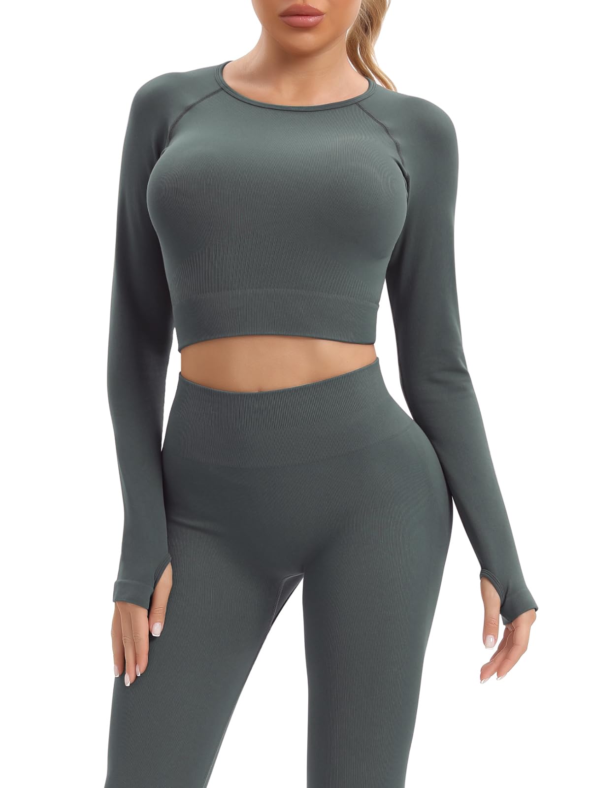 JOLLMONO Women Workout Sets 2 Pieces Long Sleeve Seamless Yoga Outfits Gym Clothes