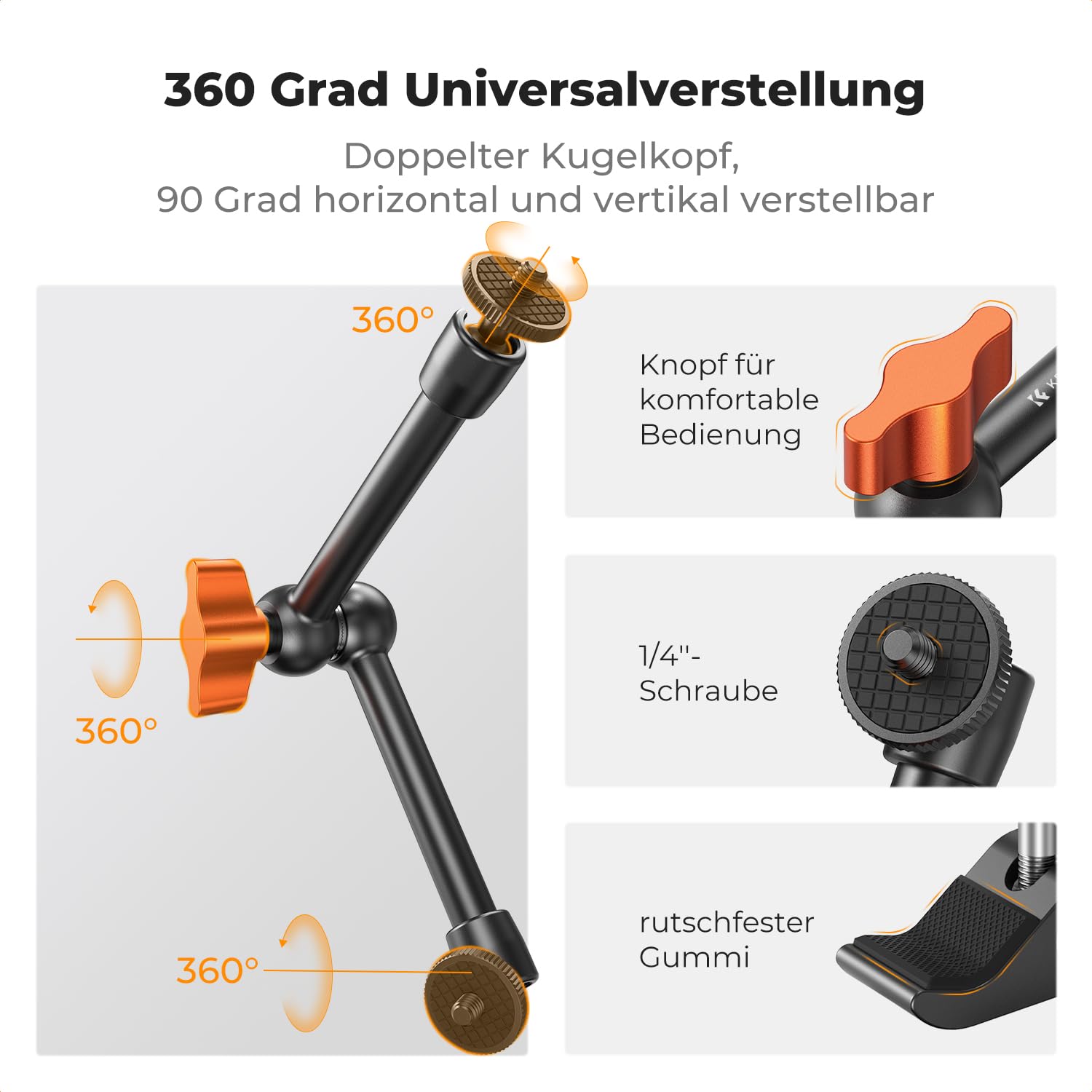 K&F CONCEPT 9,8 Zoll Magic Arm mit Super Clamp, Kamera Halterung für Käfig Monitor LED Licht Action-Kamera, 2 KG Belastung