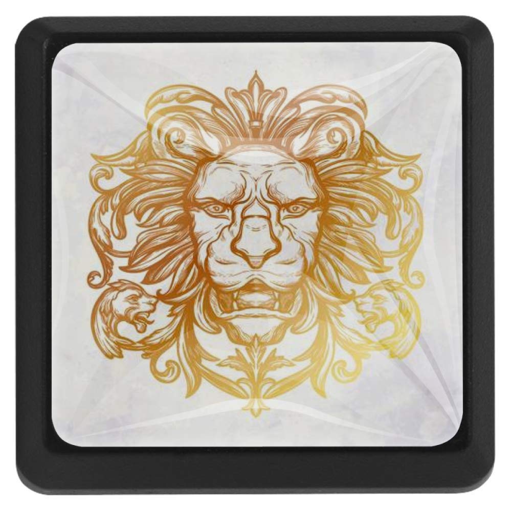 Gold Lion Head Square Knobs Pulls Handles Cabinet Wardrobe Furniture Door Drawer Knobs Pulls Handles 3 Pack