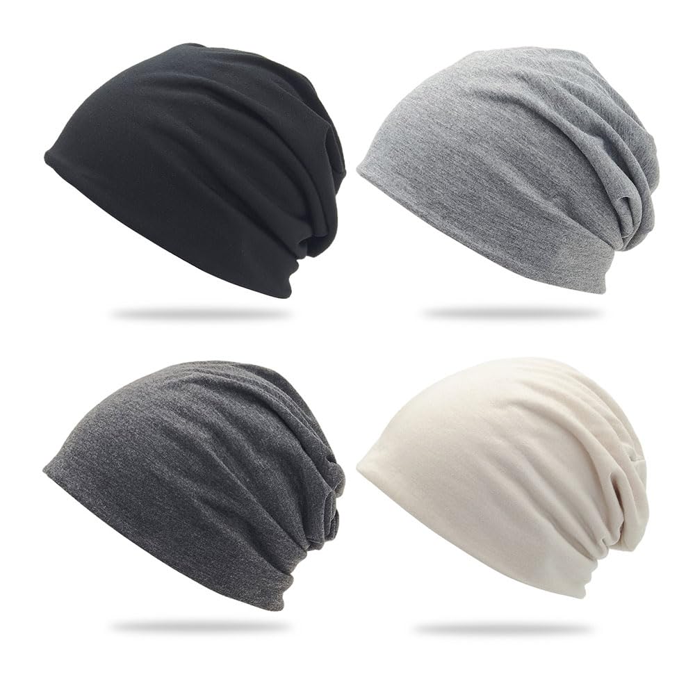 Cotton Slouchy Beanie Hat, 4 Pack Soft Lightweight Oversize Running Beanie Adult Dwarf Hats Chemo Cap for Men Women