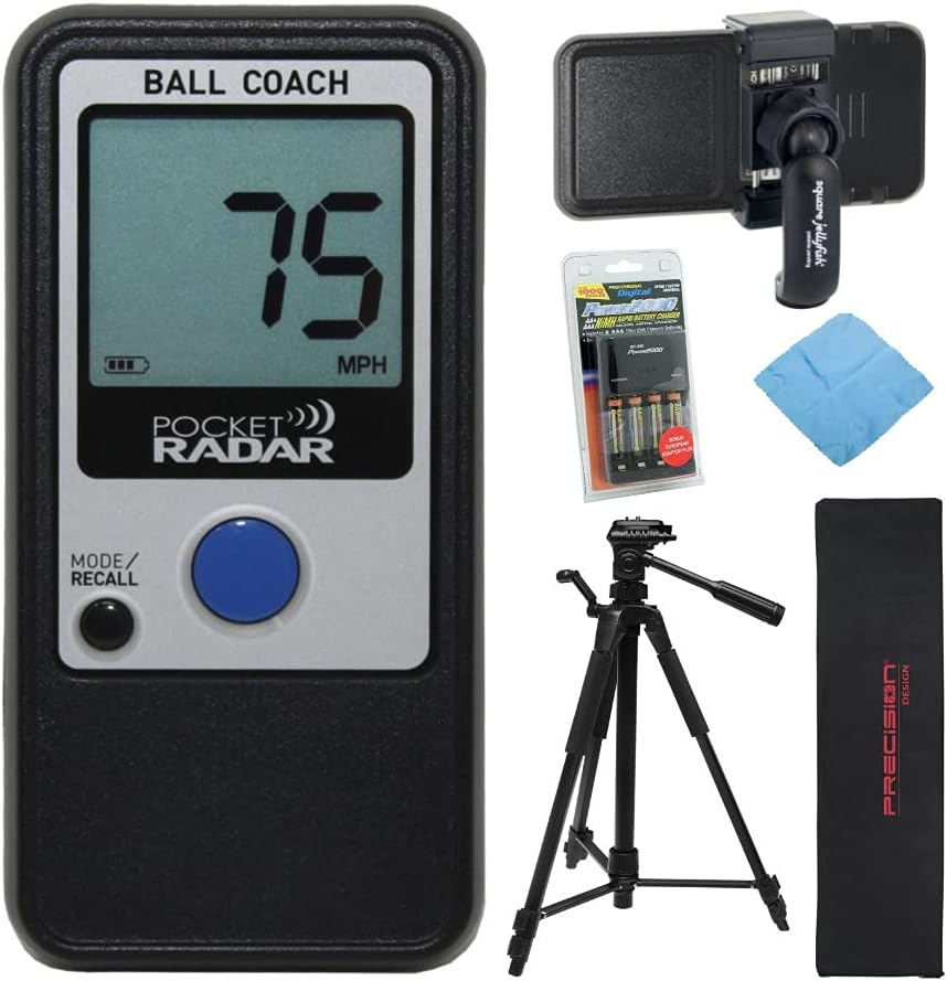 Pocket Radar Ball Coach / Pro-Level Speed Training Tool and Radar Gun + Focus Full Sized 59 Photo & Video Tripod + Square Jellyfish Pocket-Sized Spring Tripod Mount for Smartphones 2-1/4 - 3-5/8 Wide + Accessory Kit