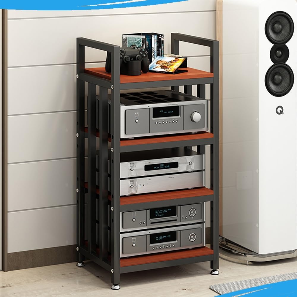 Stojak na odtwarzacz płyt HiFi – 3-poziomowy stojak do przechowywania multimediów i narożna półka na telewizor na konsole do gier, regulowana, czarno-tekowa, 50 x 40 x 100 cm