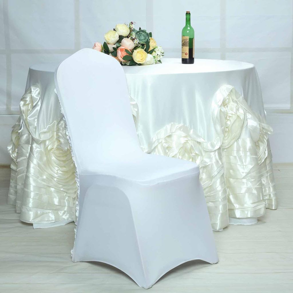 Tableclothsfactory 5 PCS Satin Rosette White Stretch Banquet Spandex Chair Cover Dinning Event Slipcover for Wedding Banquet Catering