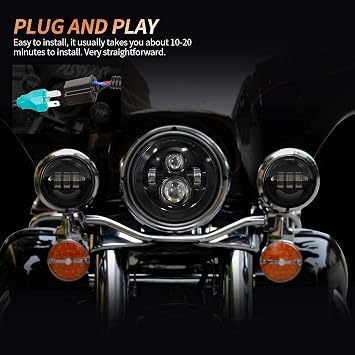7 Inch Round LED Headlight Bulb kit With 4.5 Inch Passing Lamps Fog Lights Mounting Ring For Street Glide Ultra Classic Road King Electra Glide Heritage Softail Slim Deluxe Fatboy Tri CVO (Black)
