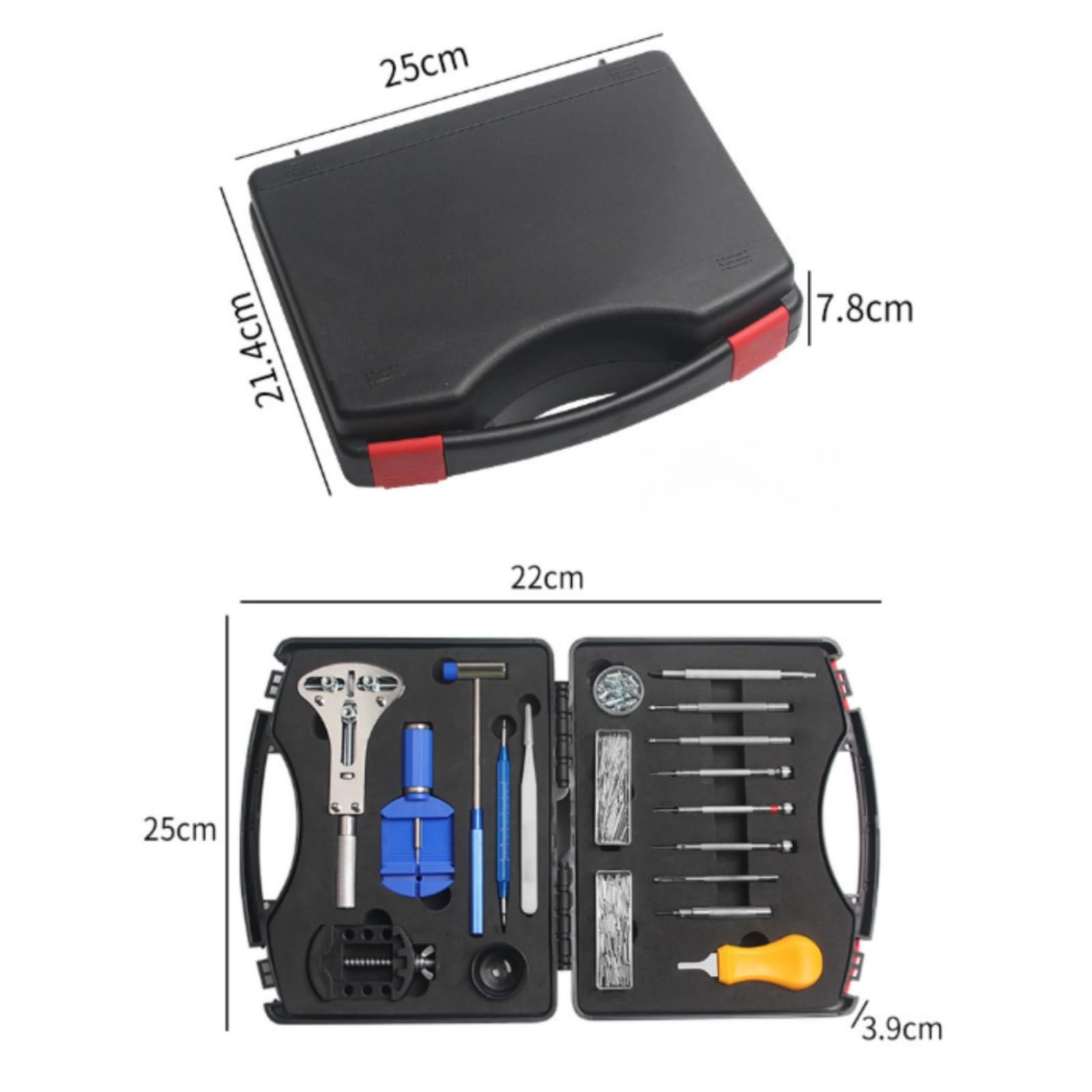Kit Riparazione Orologi Set Attrezzi Utensili Strumenti Cassa Apricasse con Estrattore Maglie Cacciaviti Strumento Molle Pinzette Alloggiamenti