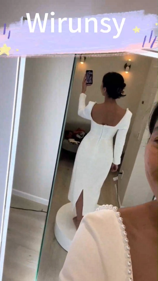 square neck long sleeve midi dress in ivory Wirunsy Women's Square Neck Long Sleeves Midi Wedding Dress for Bride Satin Tea Length Bridal Shower Dress Pearls Engagement Dresses with Back Silt Ivory 0 at Amazon Women's Clothing store