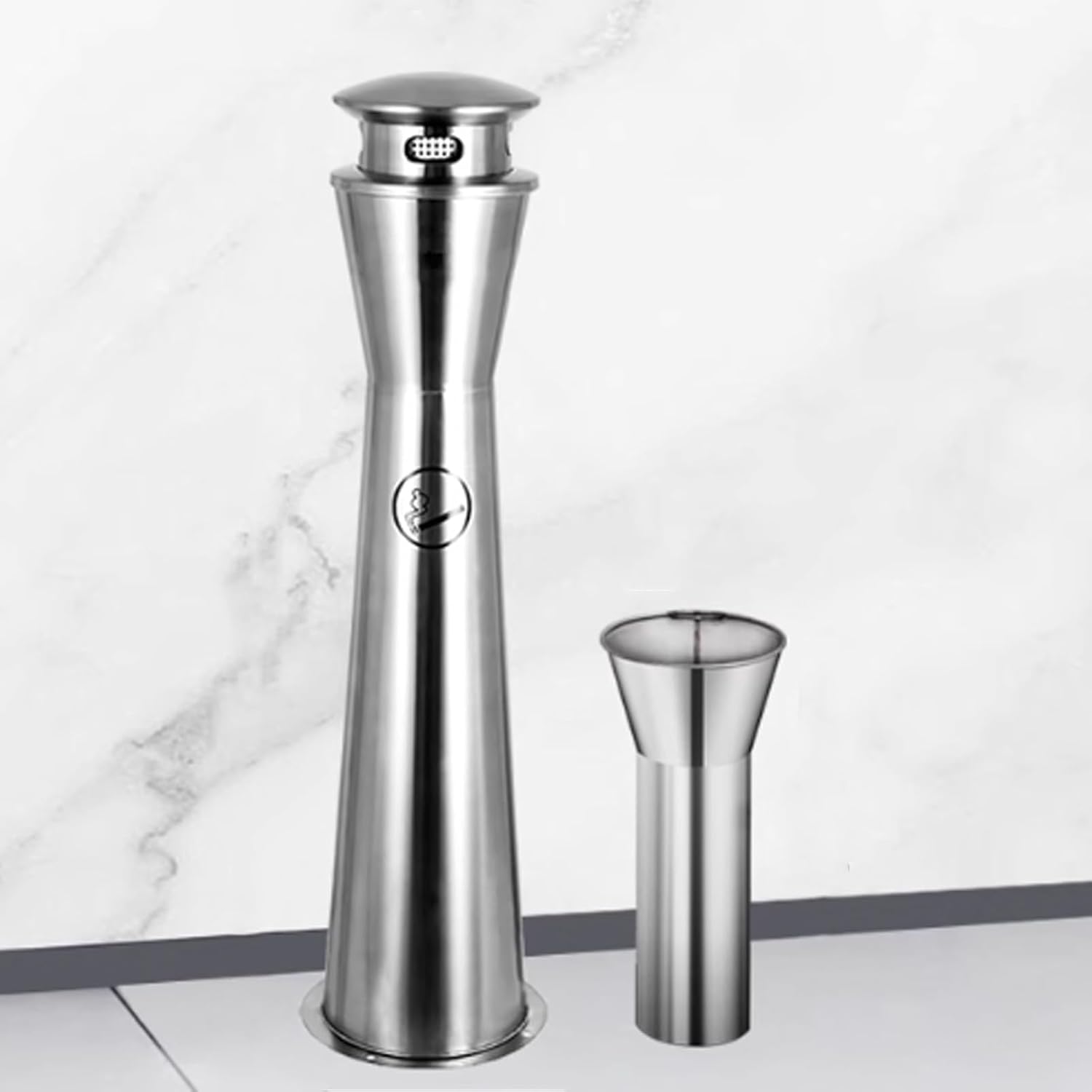 Stainless Steel Standing Ashtray Trash Can, Cigarette Disposal Container, Butt Receptacle Can with Lid and Removable Inner Barrel, Easy to Clean, for Porch/Guest Areas