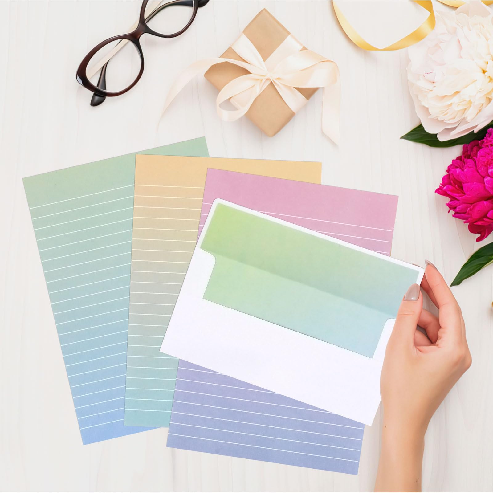 Lot De 20 Feuilles Papier à Lettre Printemps Voyage A4 + 20 Enveloppes - Aquarelle Papillons Fleurs