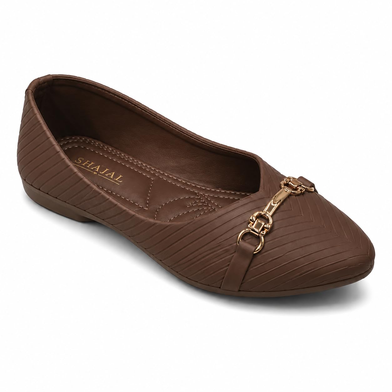 Women's Synthetic Leather Pointed Toe Bellies | Stylish Black Striped Pattern Flat Ballerinas with Metal Buckle Detail | Casual and Formal Slip-On Loafers-image-46