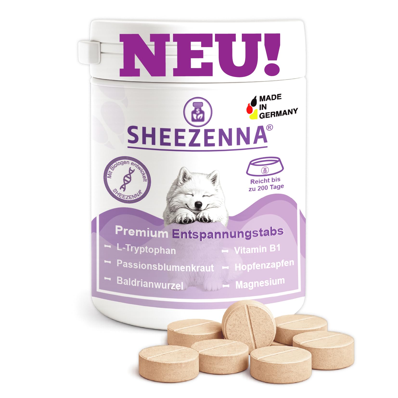 PROBIERAKTION Entspannungstabletten für Hunde – 100 Tabs – für bis 200 Tage – natürliche Beruhigung bei Stress & Angst – für Silvester, Gewitter & Reisen – mit Baldrian & L-Tryptophan –Made in Germany