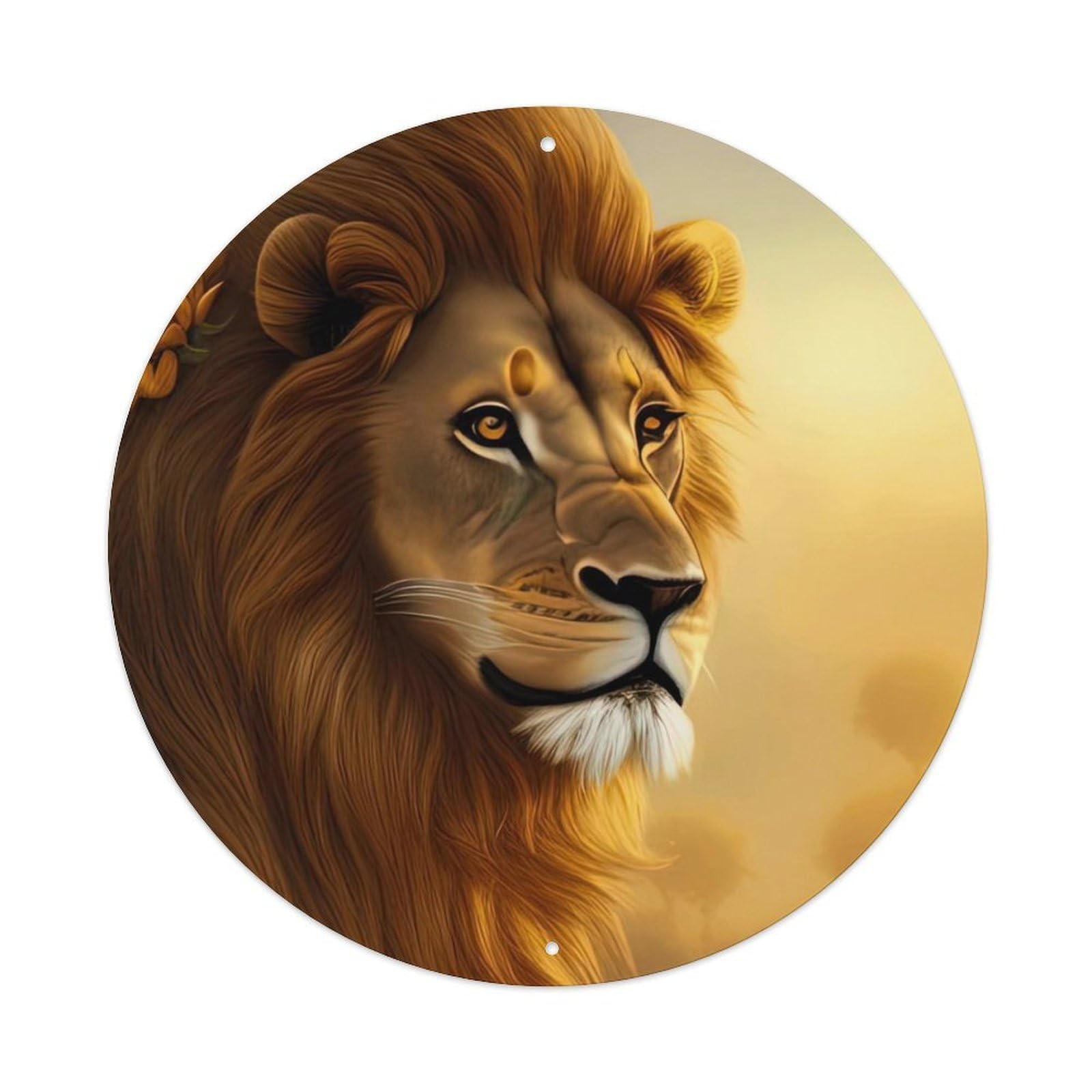 Wildlife Artwork Lion by The Sunflower Vintage Metal Tin Sign Plaque Wall Decor for Cafe, Club, Garden Round Metal Poster 8x8Inch