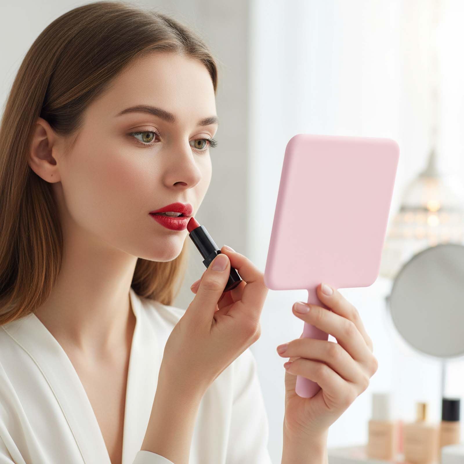 Naapesi Specchio a Mano,Specchio Trucco Portatile con Manico,Specchio Cosmetico Quadrato,Specchietto Dentista,Specchio Barbiere con Comoda Maniglia,Perfetto per Radersi o Applicare il Trucco (Rosa)