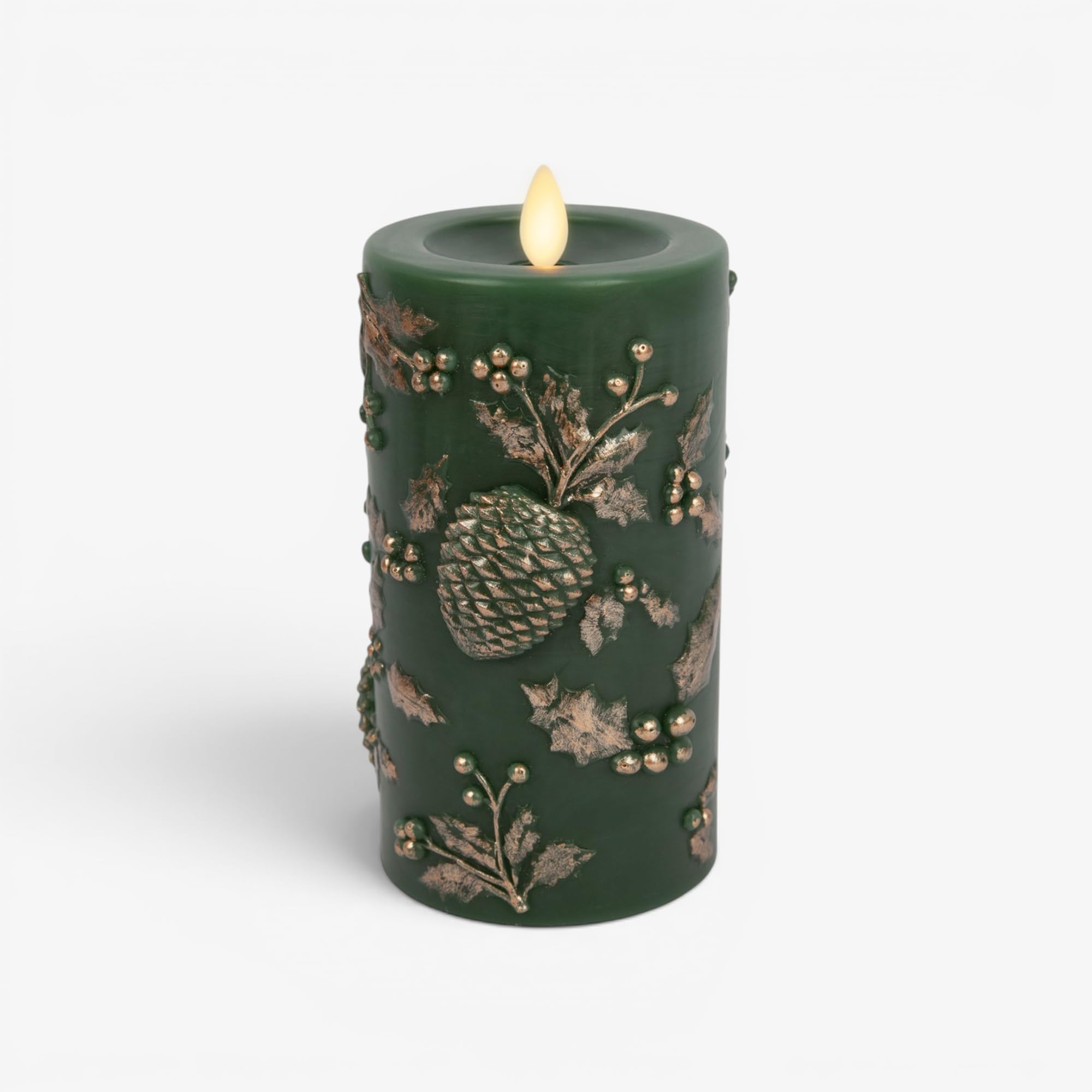 Luminara - Flameless Flickering Real Wax Moving Flame Battery Operated Unscented Candle LED Décor & Gift- Embossed Pillar Collection - Christmas & Holiday Green Pinecones (3.8" x 6.5")