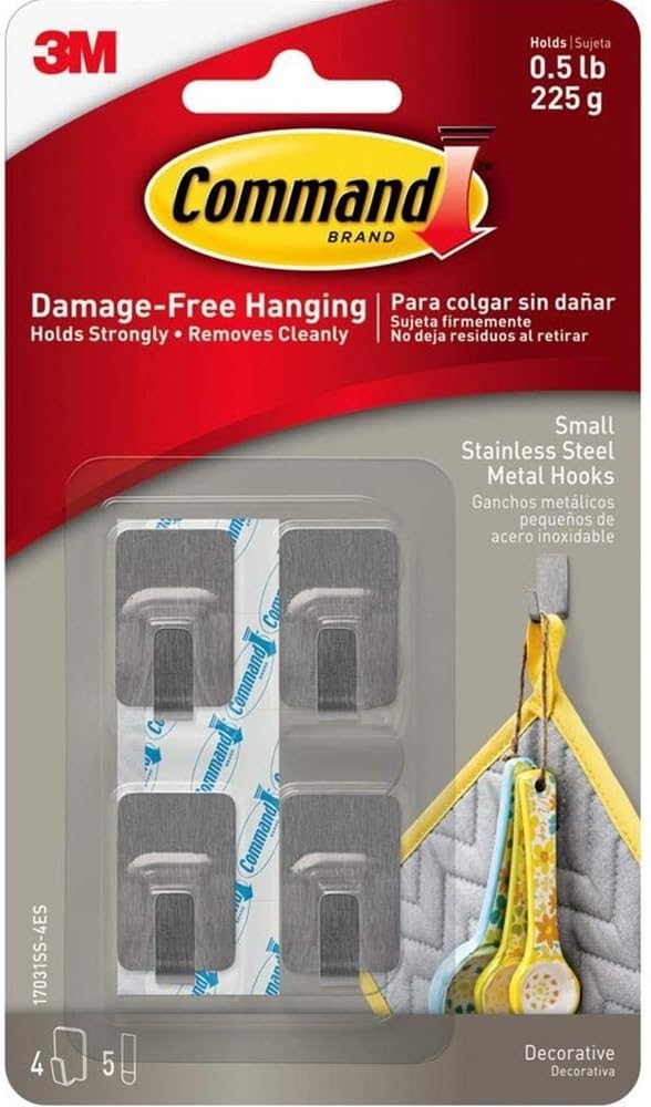 Command Stainless Steel Metal Small Hook Silver color, 4 hooks + 5 strips/pack | holds 225 gr. each hook | Organize | Decoration | No Tools | Holds Strongly | Damage-Free Hanging
