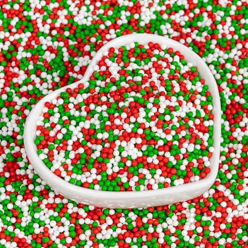 Christmas Nonpareils Sprinkles For Cake Decorating,130G White Red And Green Mini Pearls Mix,Edible Sugar Holiday Sprinkle For Cupcake Toppers, Cookie, Ice Cream Decorations Christmas Party Supplies
